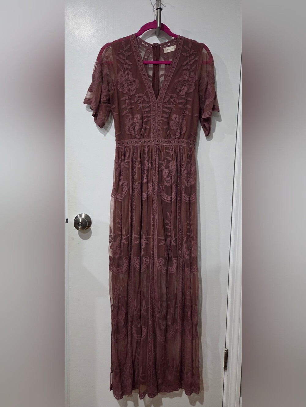 Altar'd State Dusty Mauve Embroidered Lace Maxi Dress